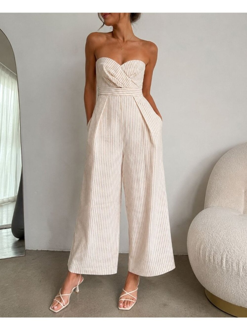 Topshop Strapless Pinstripe Wide Leg Jumpsuit Cream & Mustard UK 8 US 4